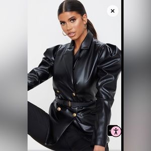 Black Faux Leather Belted Puff Sleeve Blazer